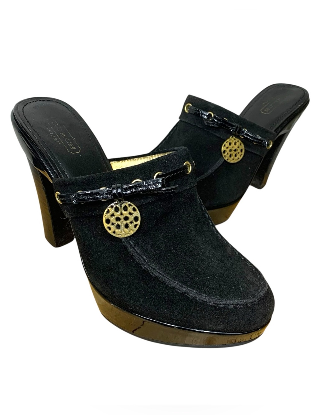 Vintage Coach Jodey Black Suede Mule Platform Heels Sz 8 B Y2K Slip on Shoes
